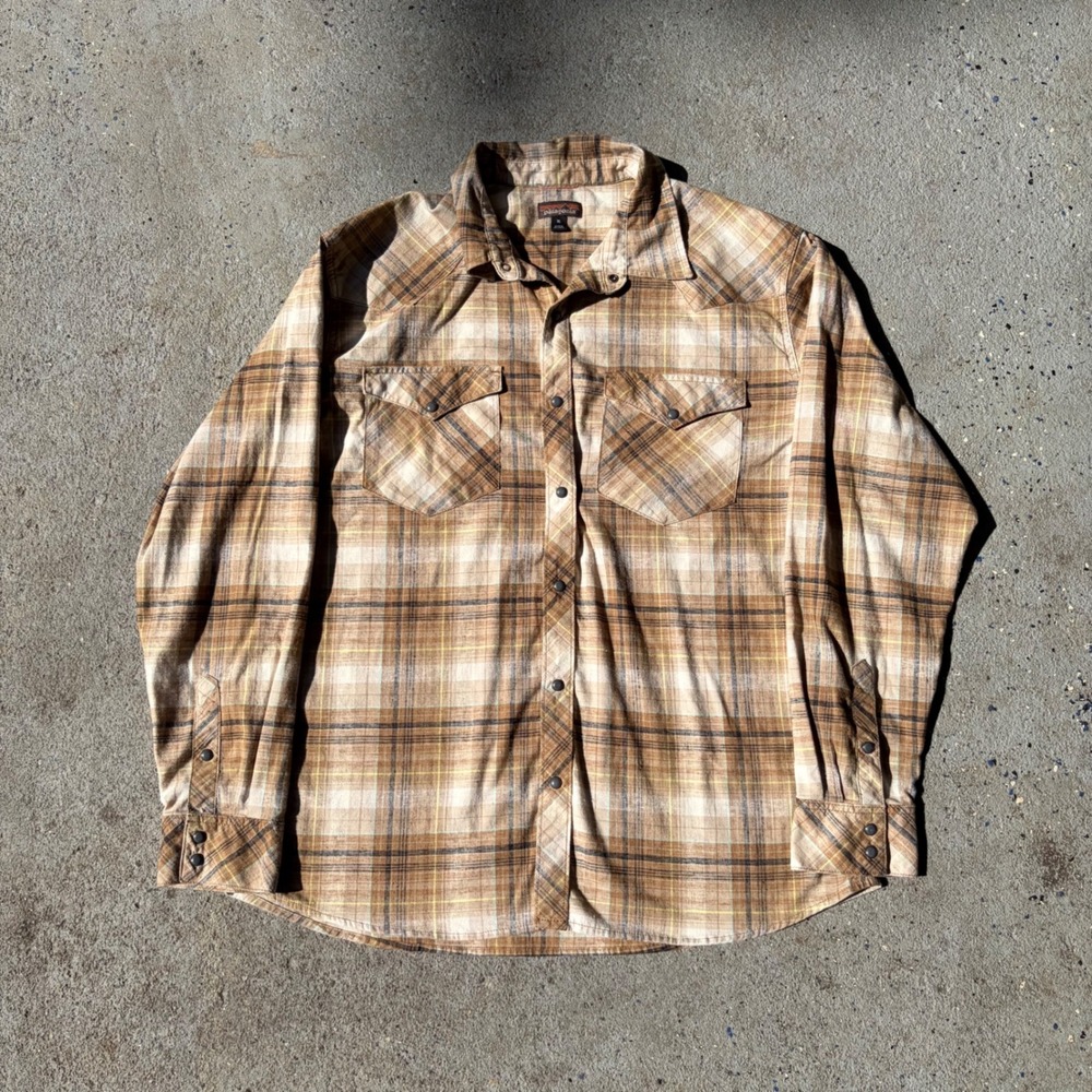 Patagonia Mens XL Western Snap Plaid Long Sleeve Shirt Brown Tan Gorpcore